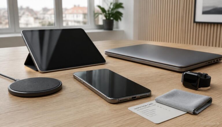 Refurbished elektronik som mobil, tablet, laptop og smartwatch arrangeret på et lyst skandinavisk skrivebord i en guide om køb af refurbished elektronik i Danmark.