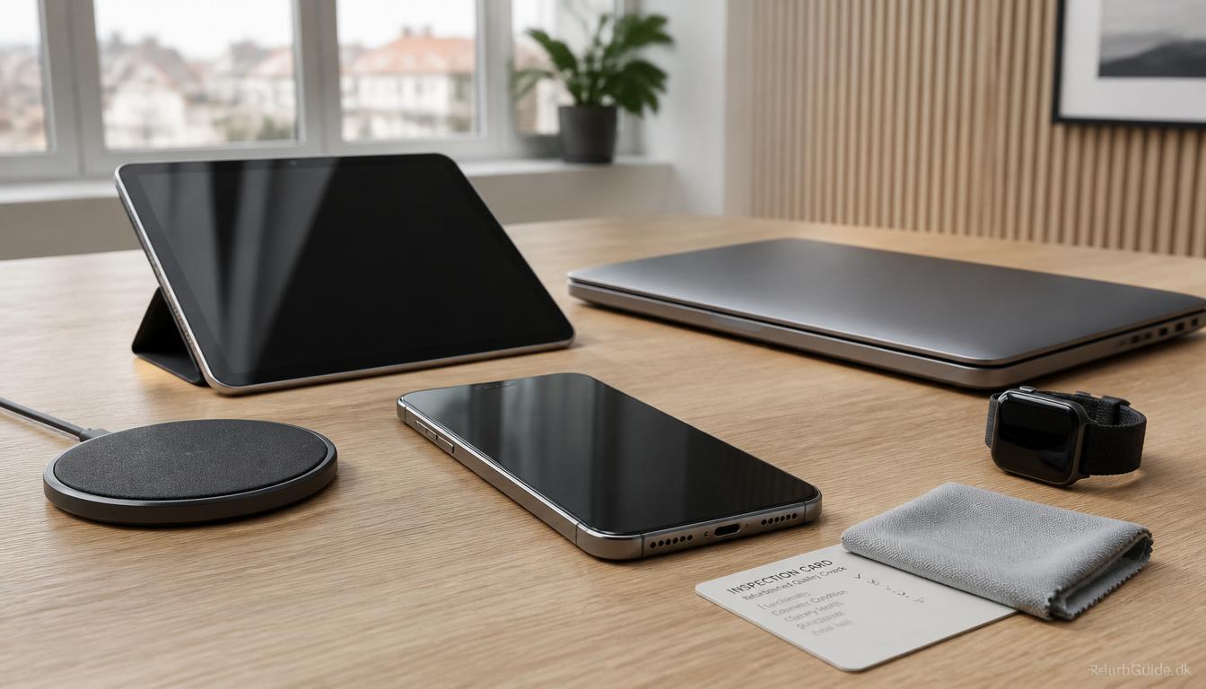 Refurbished elektronik som mobil, tablet, laptop og smartwatch arrangeret på et lyst skandinavisk skrivebord i en guide om køb af refurbished elektronik i Danmark.