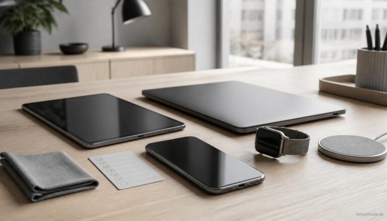 Refurbished telefon, tablet, laptop og smartwatch arrangeret på et lyst skandinavisk skrivebord for at illustrere tryg og professionelt klargjort elektronik.