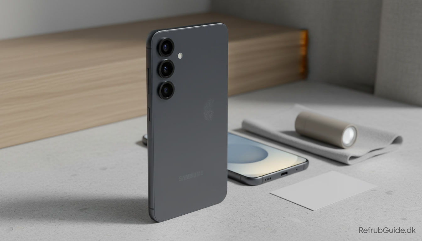 Samsung Galaxy S25 vist i et minimalistisk nordisk miljø med diskrete detaljer fra kvalitetskontrol af en brugt telefon.
