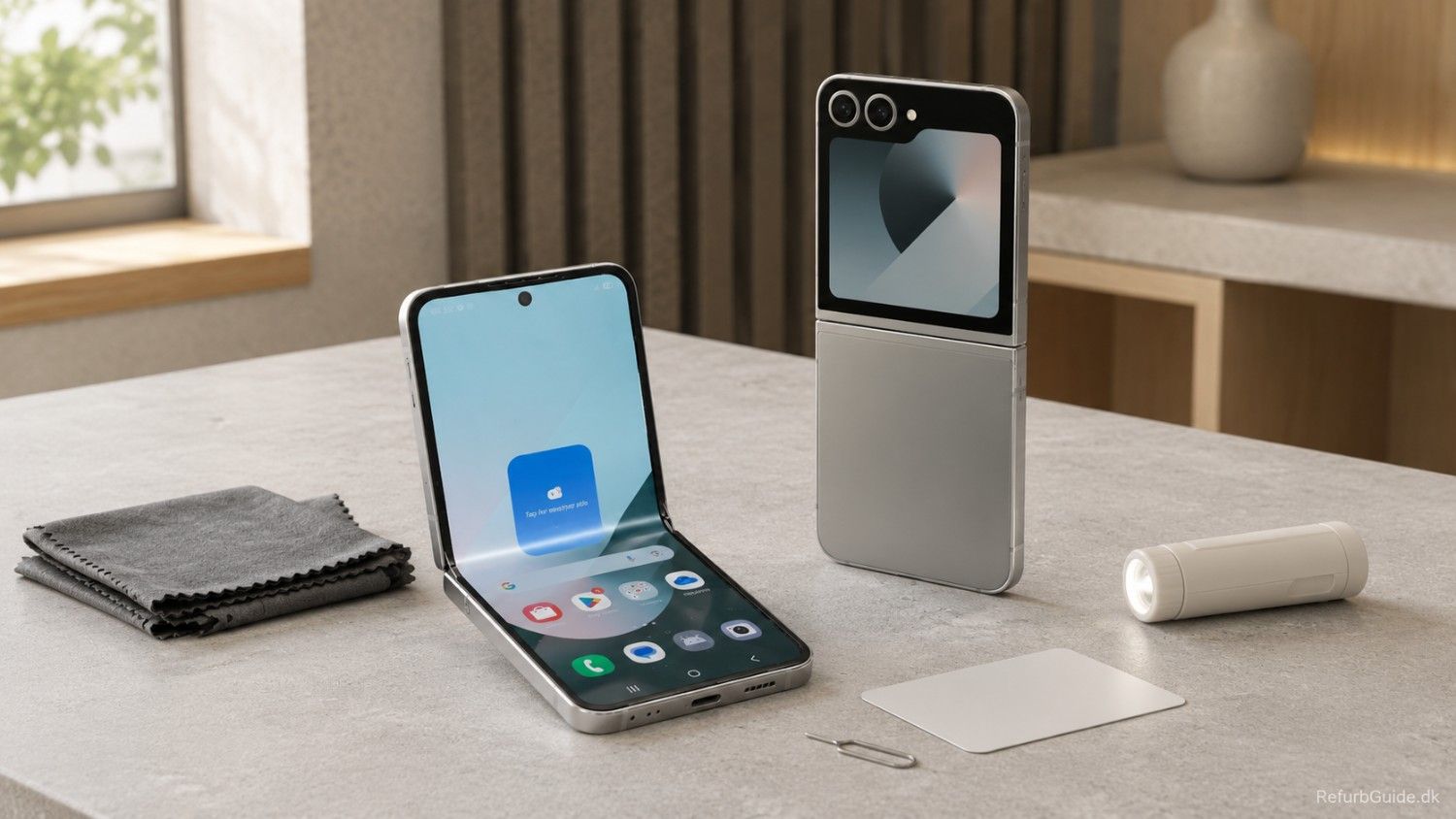 Professionelt refurbished Samsung Galaxy Z Flip 6 vist i et minimalistisk skandinavisk produktmiljø med fokus på foldbart design, kvalitetskontrol og høj byggekvalitet.