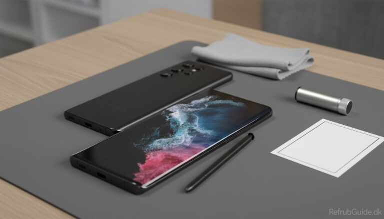 Brugt Samsung Galaxy S22 Ultra i minimalistisk nordisk miljø med fokus på stand, kamera og S Pen.