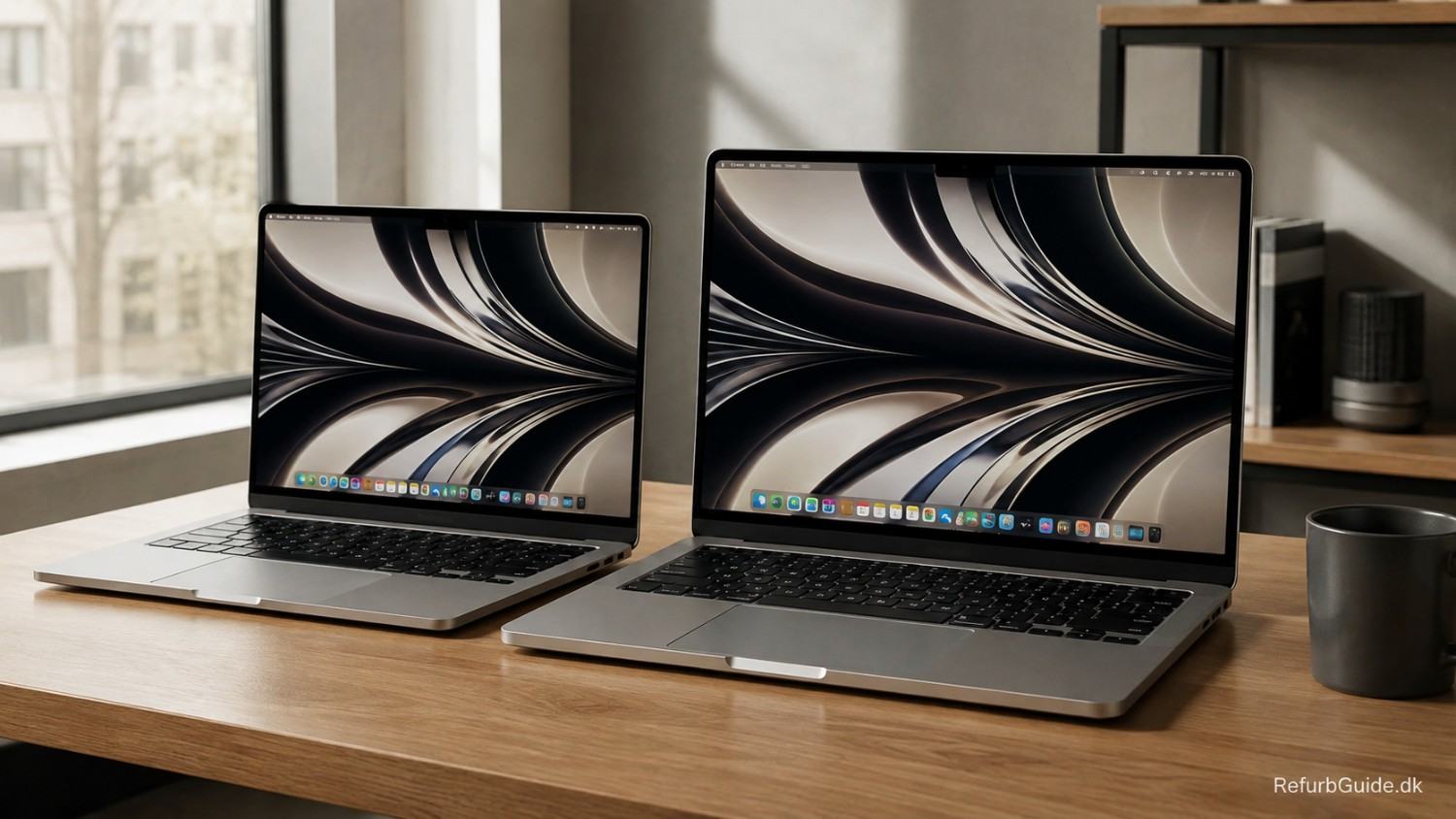 MacBook Air-modeller i forskellige størrelser side om side på et minimalistisk dansk skrivebord.