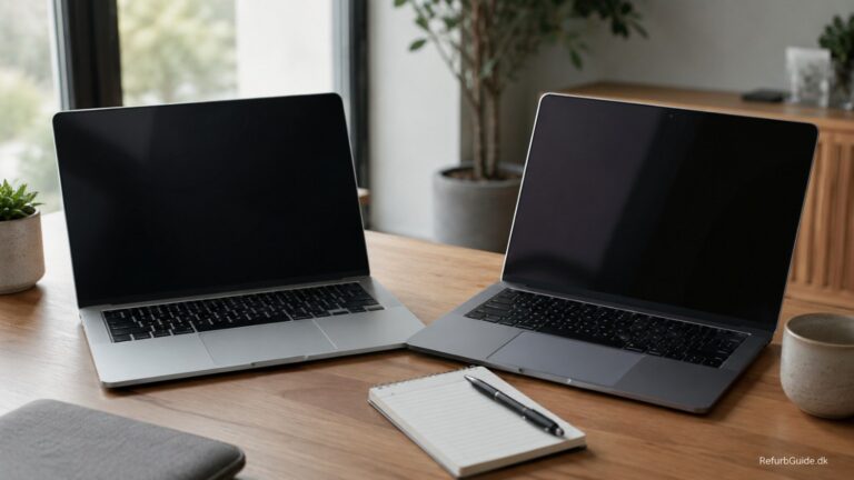 refurbished MacBooks på et skandinavisk skrivebord med fokus på kvalitet, stand og trygt køb.