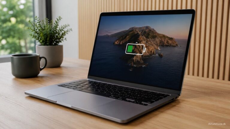 MacBook på et skandinavisk skrivebord med fokus på batteriets tilstand og daglig brug.