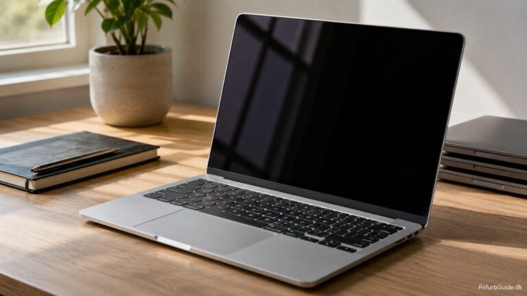 Sølvfarvet MacBook i et minimalistisk dansk arbejdsmiljø med fokus på tryghed ved køb og garanti.