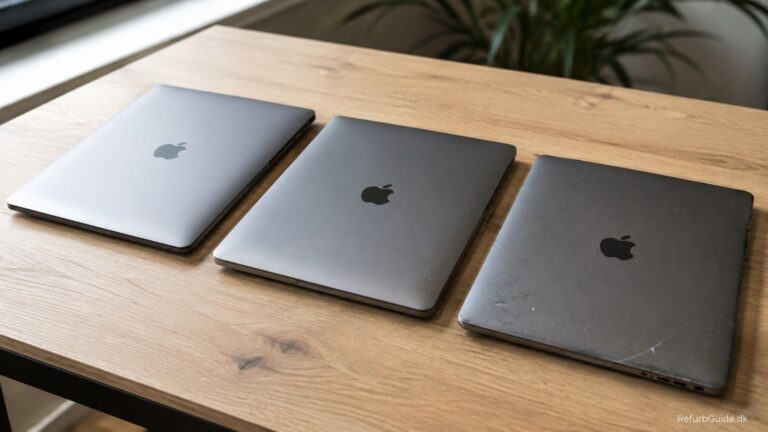 Tre MacBooks med forskellig kosmetisk stand, der illustrerer Grade A, B og C.