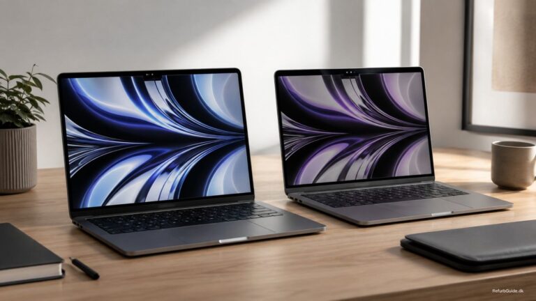 MacBooks side om side på et minimalistisk skrivebord som illustration af valget mellem 256 GB og 512 GB lagerplads.