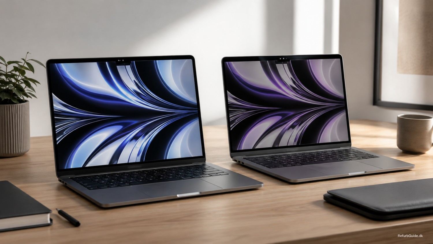 MacBooks side om side på et minimalistisk skrivebord som illustration af valget mellem 256 GB og 512 GB lagerplads.