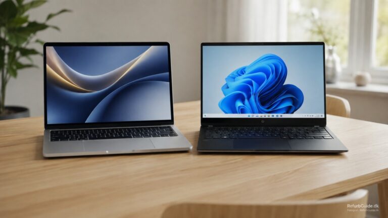 MacBook Air og Windows-bærbar placeret side om side på et minimalistisk dansk inspireret skrivebord.