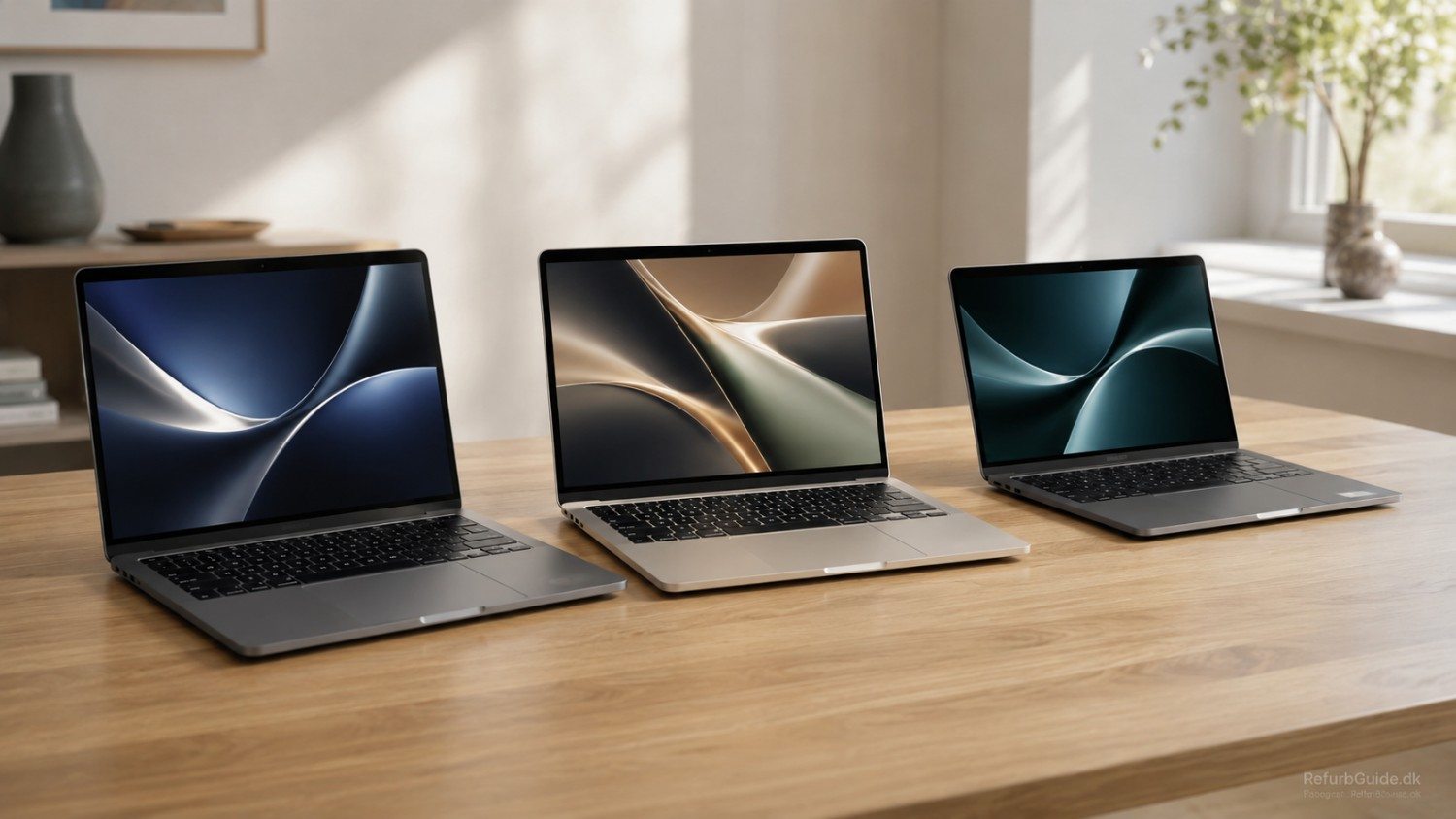 Tre MacBook-generationer med fokus på forskellene mellem M1, M2 og M3.