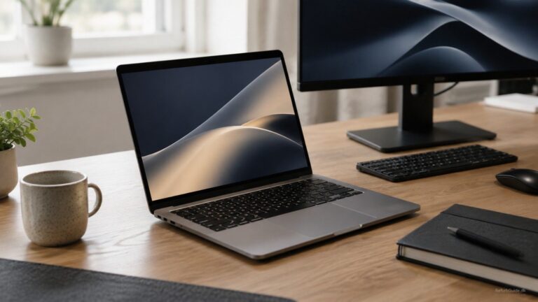 En refurbished MacBook Air på et minimalistisk dansk skrivebord til kontorarbejde.