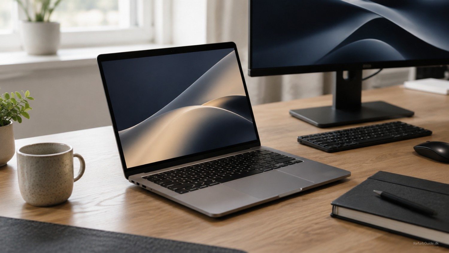 En refurbished MacBook Air på et minimalistisk dansk skrivebord til kontorarbejde.