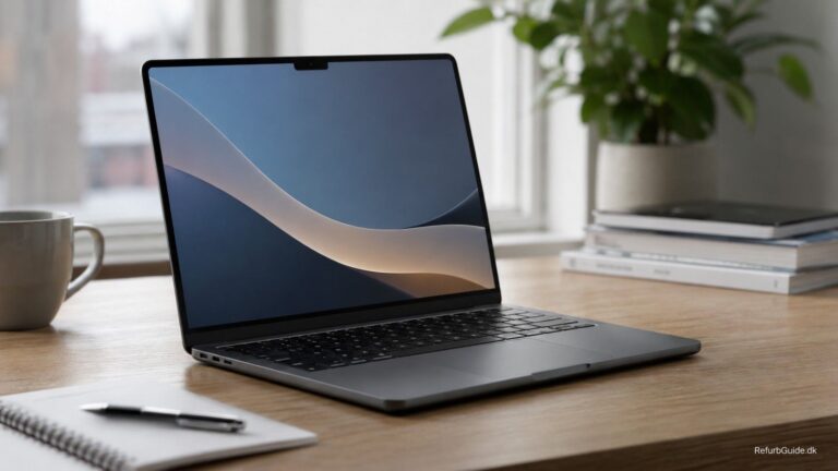 Brugt MacBook Air M3 på et moderne skandinavisk skrivebord med naturligt dagslys, som illustrerer en refurbished bærbar til arbejde og studie.