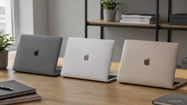 Udvalg af brugte og refurbished MacBooks i et minimalistisk dansk arbejdsmiljø.