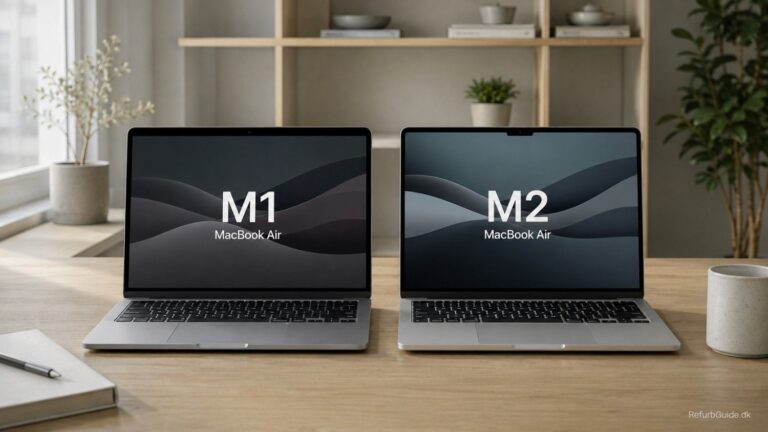 To MacBook Air-modeller placeret side om side i en minimalistisk dansk arbejdsplads.