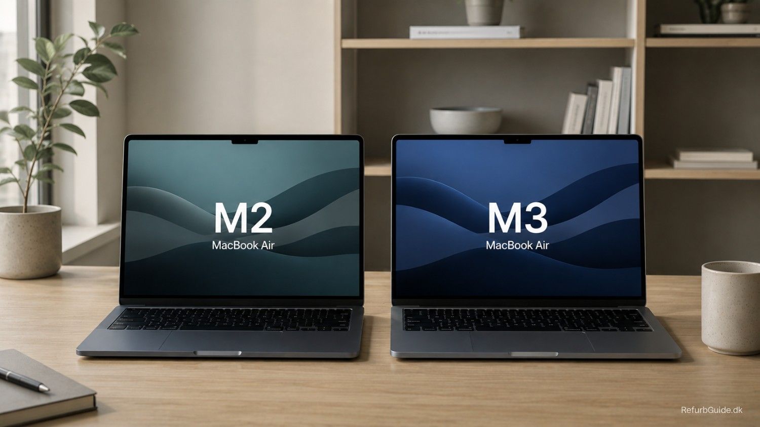 MacBook Air-modeller side om side i en minimalistisk dansk arbejdsplads, der illustrerer sammenligningen mellem M2 og M3.