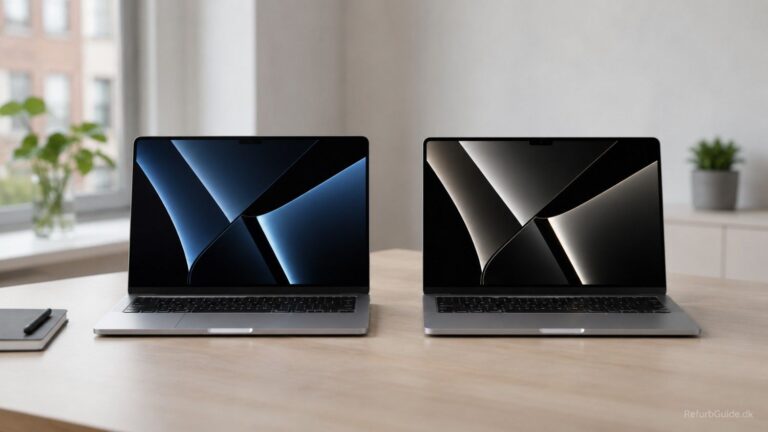 MacBook Pro M2 og M3 placeret side om side på et minimalistisk dansk skrivebord i naturligt dagslys.