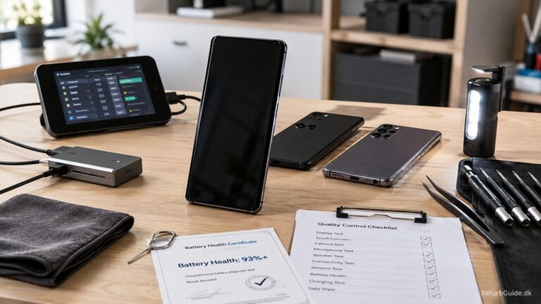 Refurbished Samsung-telefon under professionel kvalitetskontrol med testudstyr, batteritjek og inspektionsværktøj i et moderne skandinavisk testmiljø.