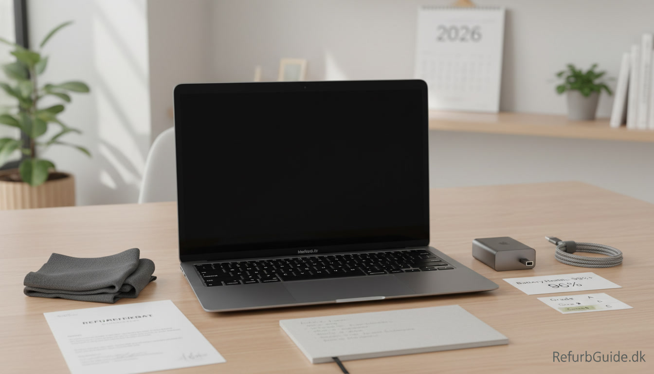Refurbished MacBook Air M1 på et lyst skandinavisk skrivebord med batteri- og kvalitetskontrol, der illustrerer et velovervejet køb i 2026.