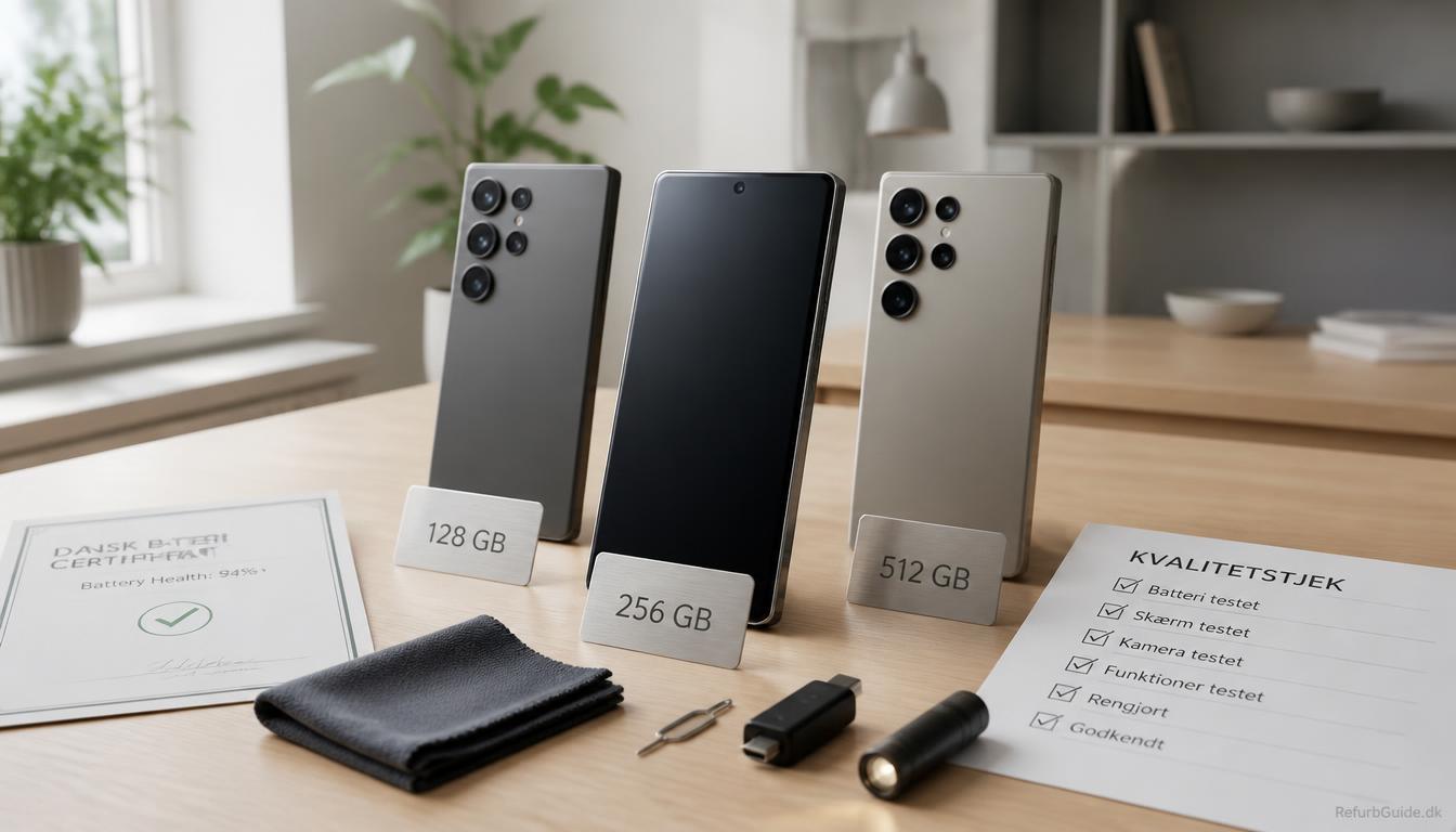 Tre refurbished Samsung Galaxy-telefoner med forskellige lagerpladser vist på et minimalistisk skandinavisk skrivebord sammen med kvalitetskontrol og battericertifikat.