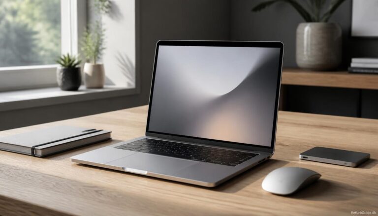MacBook med M1-chip på et minimalistisk skrivebord, der viser en moderne og stadig kraftfuld bærbar til arbejde, studie og hverdagsbrug i 2026.