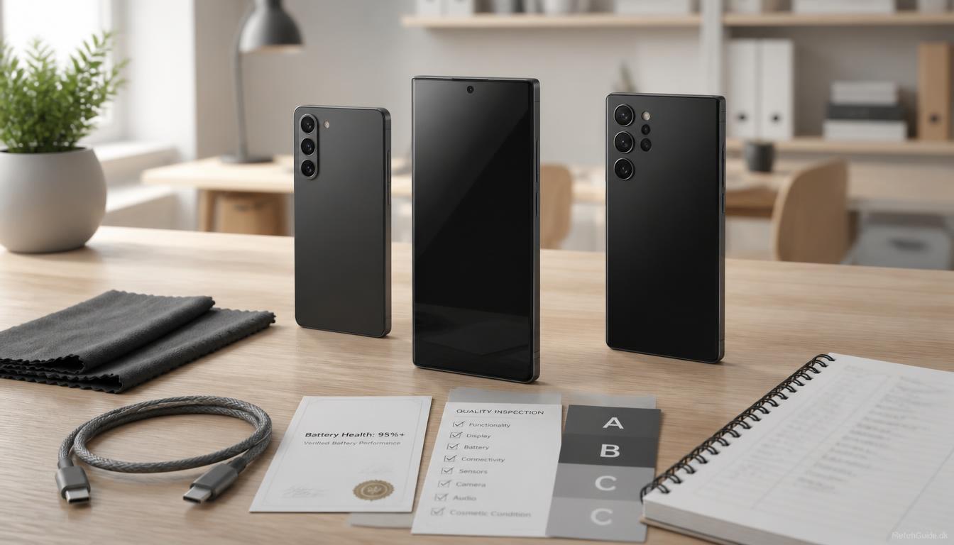 Tre refurbished Samsung Galaxy-telefoner sammenlignes i et moderne skandinavisk miljø med fokus på kvalitet, værdi og valg af den bedste Samsung-model i 2026.