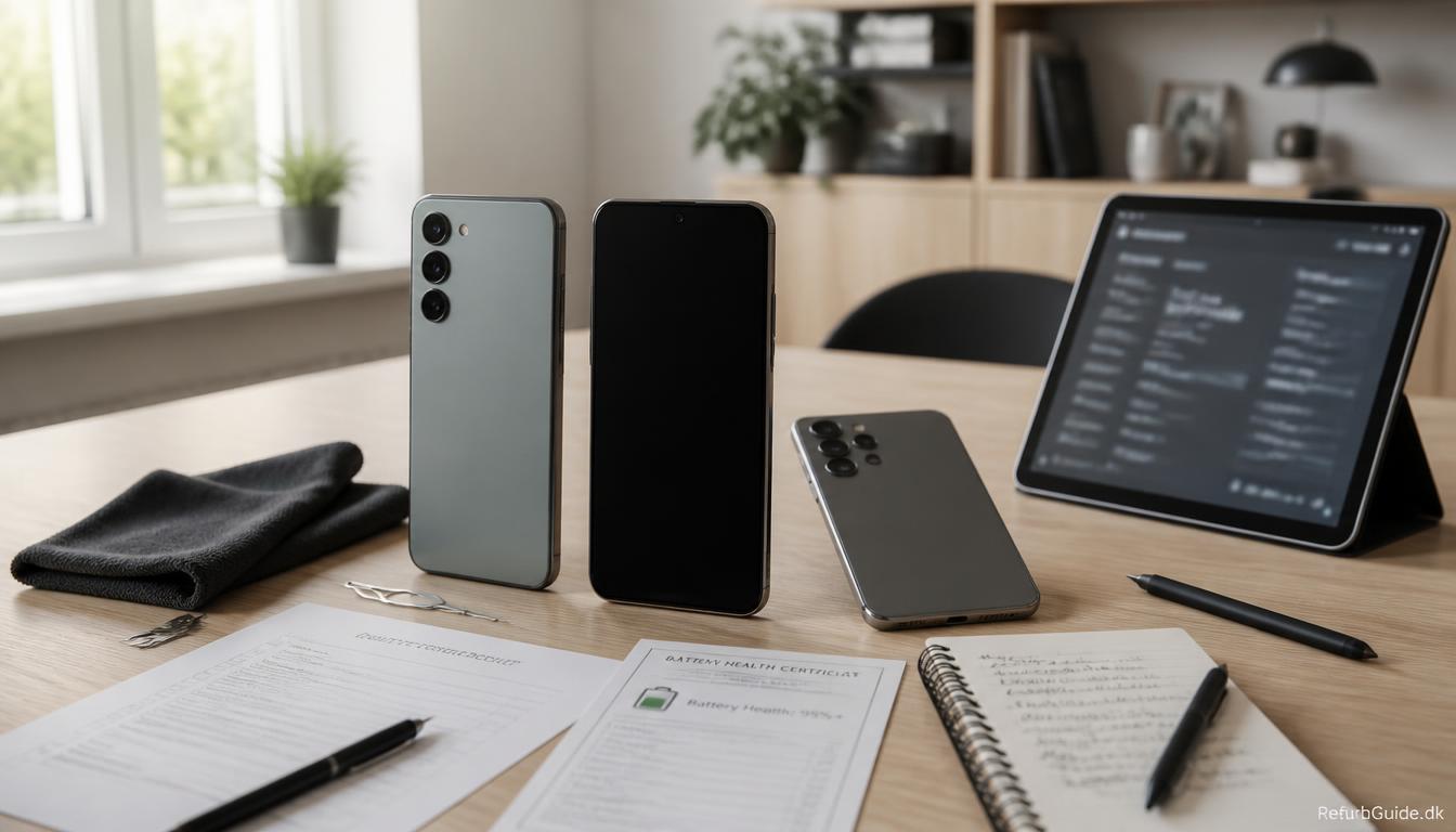 Tre refurbished Samsung Galaxy-telefoner i et minimalistisk skandinavisk arbejdsmiljø, der illustrerer Galaxy AI og moderne funktioner til produktivitet og daglig brug.
