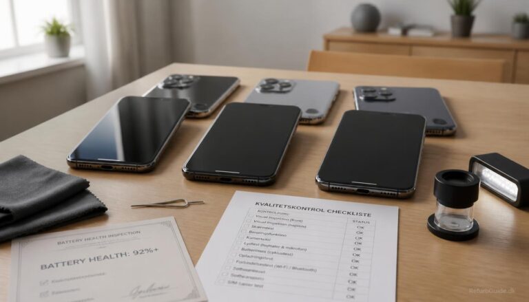 Tre refurbished Samsung Galaxy-telefoner i forskellige kosmetiske grader vist på et minimalistisk skandinavisk skrivebord sammen med kvalitetskontroludstyr, der illustrerer forskellen mellem Grade A, B og C.
