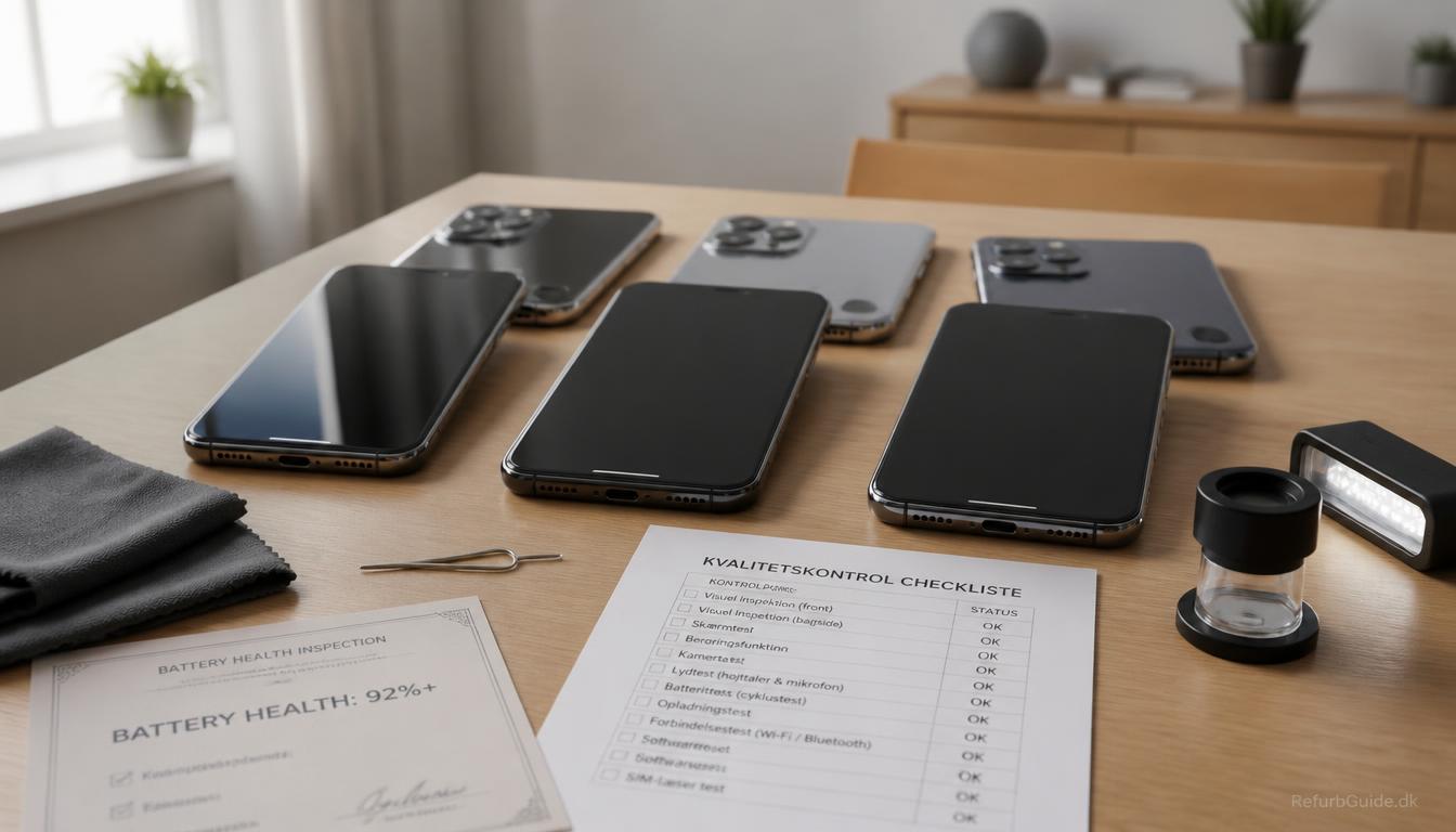 Tre refurbished Samsung Galaxy-telefoner i forskellige kosmetiske grader vist på et minimalistisk skandinavisk skrivebord sammen med kvalitetskontroludstyr, der illustrerer forskellen mellem Grade A, B og C.