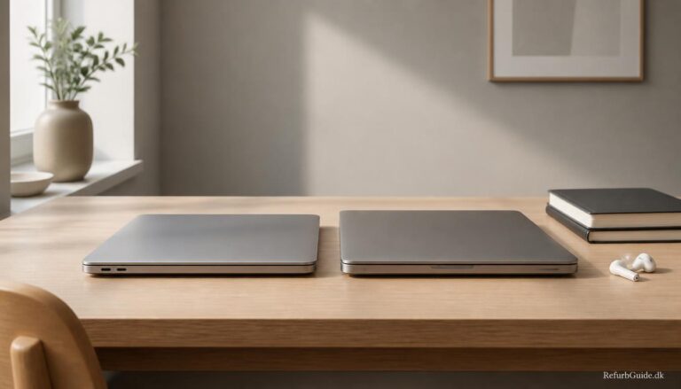 To refurbished MacBook-modeller placeret ved siden af hinanden på et lyst skrivebord i naturligt dagslys, som illustrerer valget mellem Air og Pro til studiebrug.