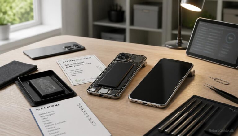 Professionelt klargjort refurbished Samsung-telefon med fokus på batterikontrol, kvalitetsinspektion og sikker udskiftning i et moderne skandinavisk værksted.