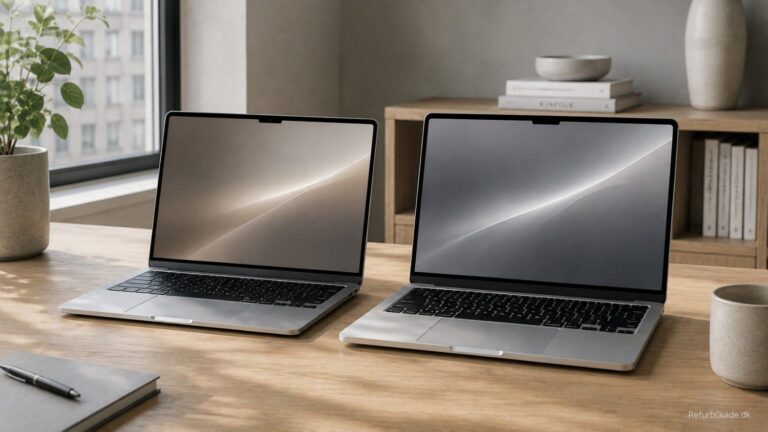 MacBook Air M3 og MacBook Pro M3 side om side på et minimalistisk dansk skrivebord.