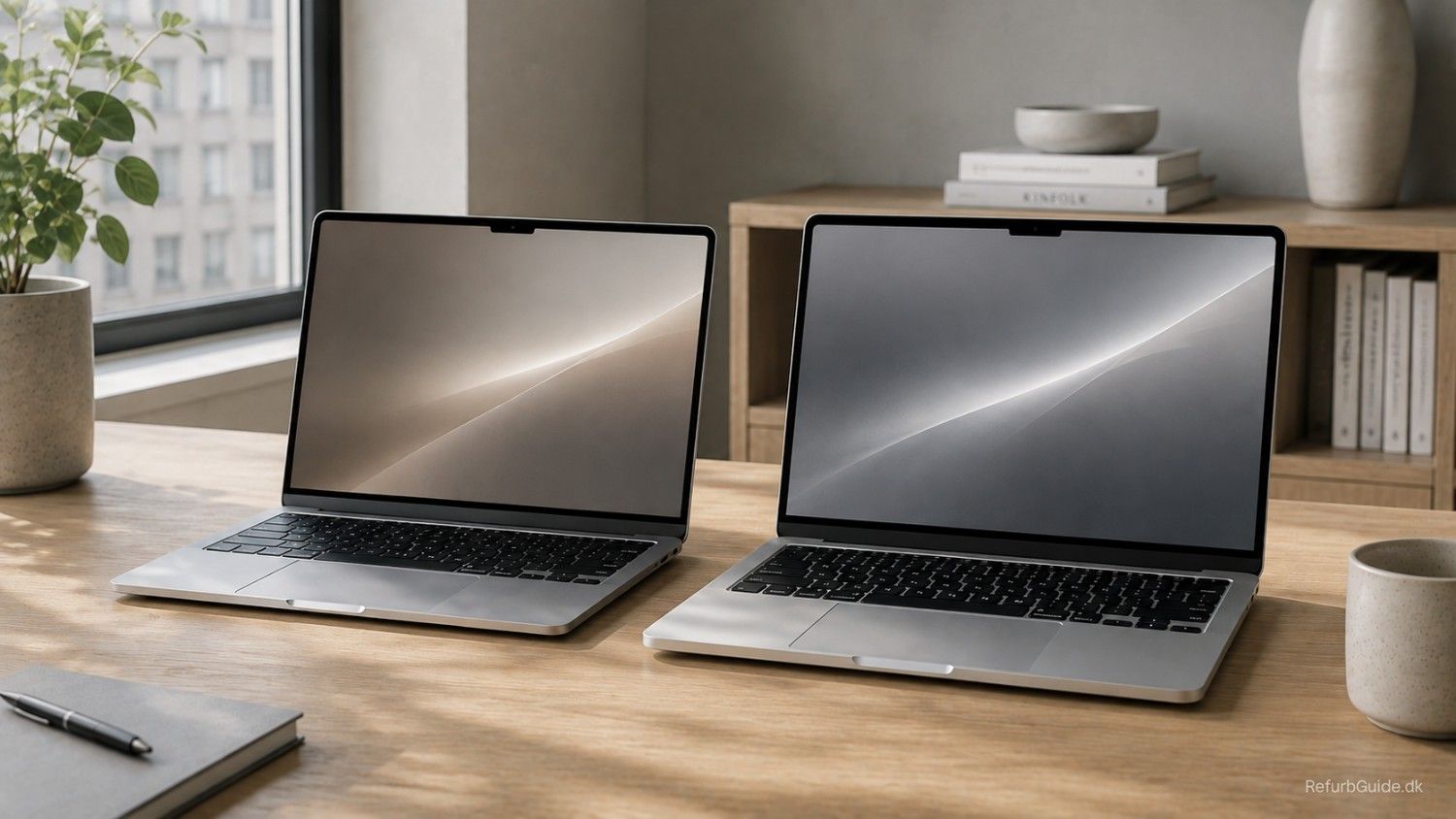 MacBook Air M3 og MacBook Pro M3 side om side på et minimalistisk dansk skrivebord.