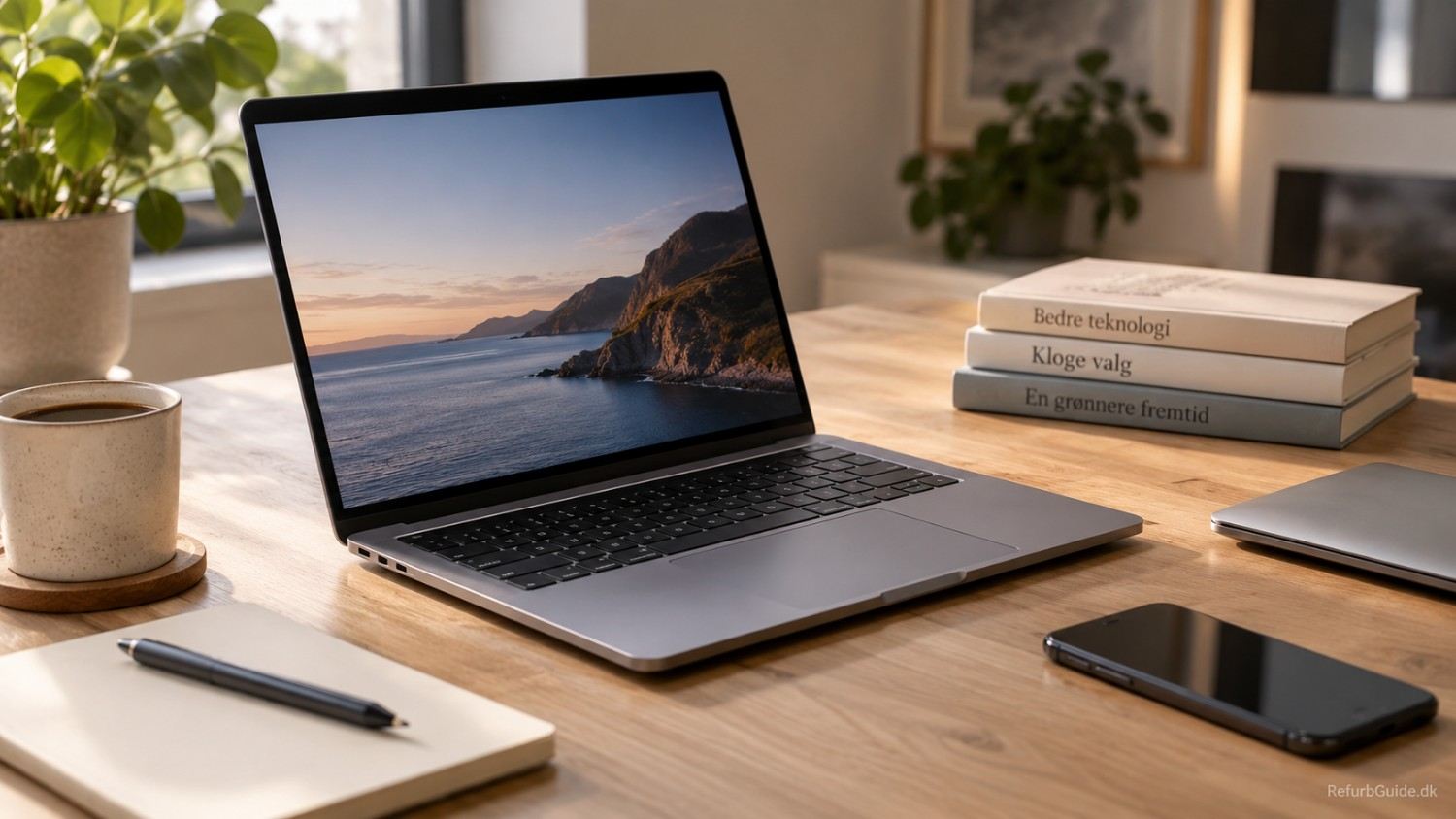 MacBook på et skandinavisk skrivebord med en ekstra MacBook i baggrunden.