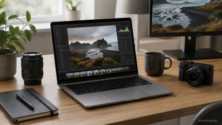 MacBook på skrivebord med foto i redigeringsprogram til billedbehandling.