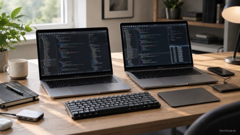 MacBook-modeller står side om side på et minimalistisk skrivebord i et moderne dansk udvikler-setup.