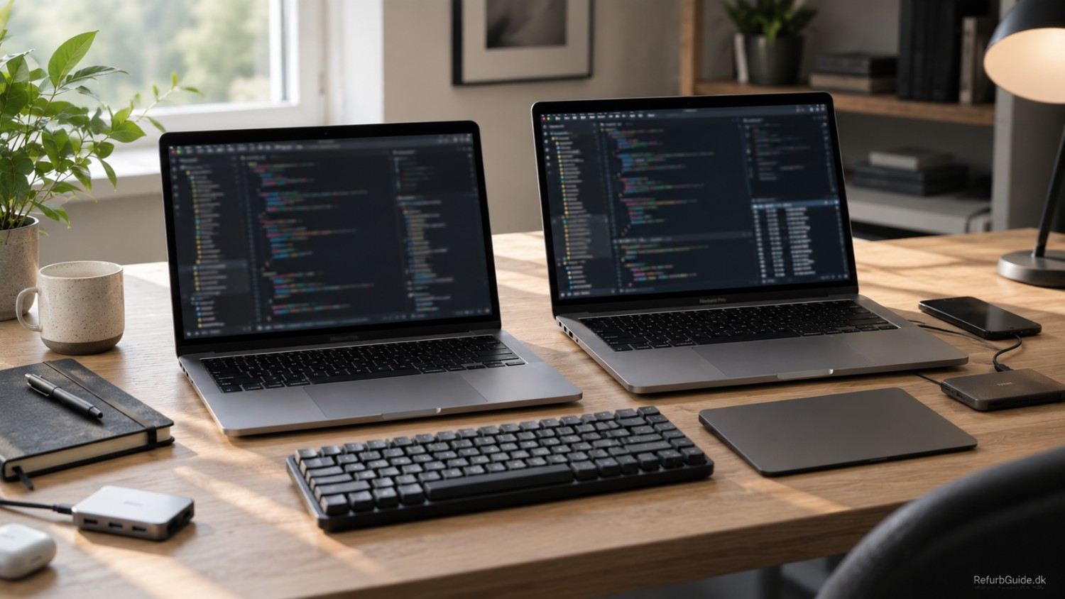 MacBook-modeller står side om side på et minimalistisk skrivebord i et moderne dansk udvikler-setup.