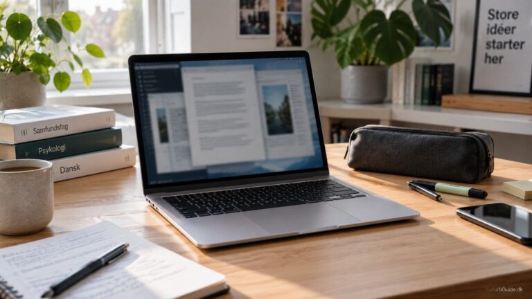 En refurbished MacBook Air står på et minimalistisk skrivebord med bøger og skoleartikler i et lyst dansk studiemiljø.