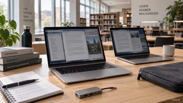 Et par MacBook Air-modeller står i et lyst, minimalistisk universitetsmiljø med bøger og studieartikler på et træbord.